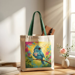 Cute Singing Blue Bird Tote Bag Cozy Coffee Love