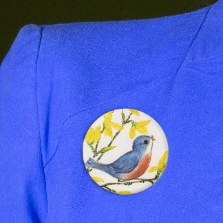 Cute Singing Blue Bird Tree 2 Inch Round Button