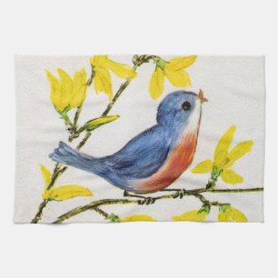 Cute Singing Blue Bird Tree Branch Kitchen Towel