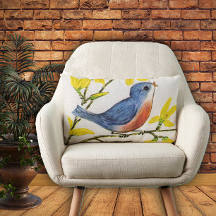 Cute Singing Blue Bird Tree Branch Lumbar Pillow