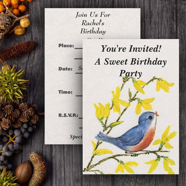 Cute Singing Blue Bird Tree Invitation (Cute blue red bird on branch yellow flowers on white party invitations.)