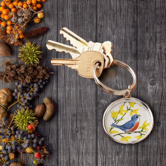 Cute Singing Blue Bird Tree Keychain (Cute blue and red singing bird on branch yellow flowers on keychain.)