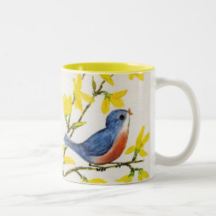 Cute Singing Blue Bird Tree Two-Tone Coffee Mug