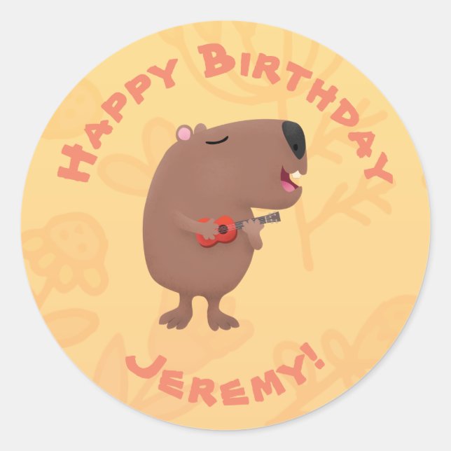 Cute singing capybara personalised birthday classic round sticker (Front)