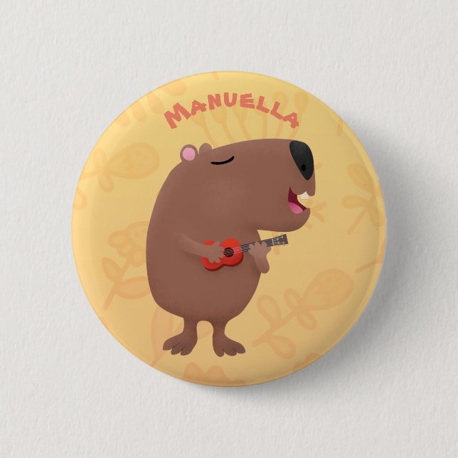 Cute singing capybara ukulele cartoon illustration 2 inch round button (Front)