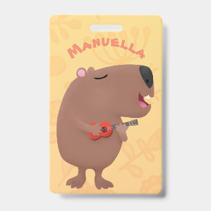 Cute singing capybara ukulele cartoon illustration badge
