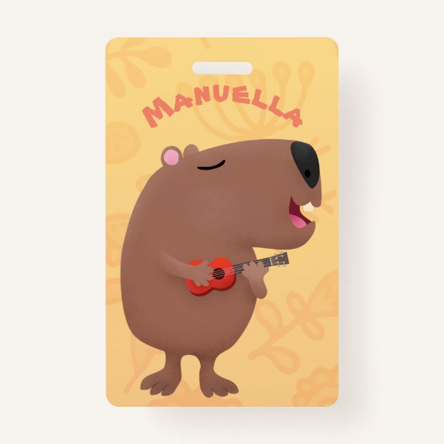 Cute singing capybara ukulele cartoon illustration badge (Front)