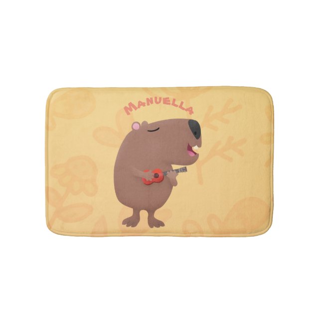 Cute singing capybara ukulele cartoon illustration bath mat (Front)