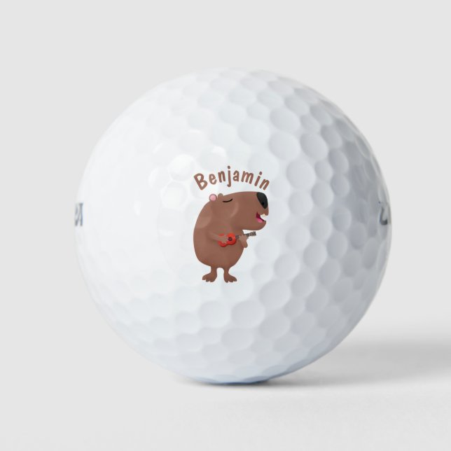 Cute singing capybara ukulele cartoon illustration golf balls (Front)