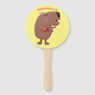 Cute singing capybara ukulele cartoon illustration hand fan