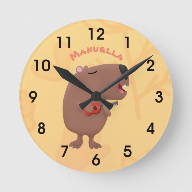 Cute singing capybara ukulele cartoon illustration round clock (Front)
