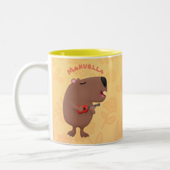 Cute singing capybara ukulele cartoon illustration Two-Tone coffee mug (Left)