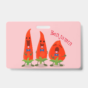 Cute singing chilli peppers cartoon illustration badge