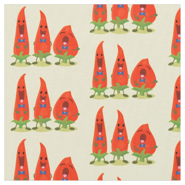 Cute singing chilli peppers cartoon illustration fabric (Close Up)