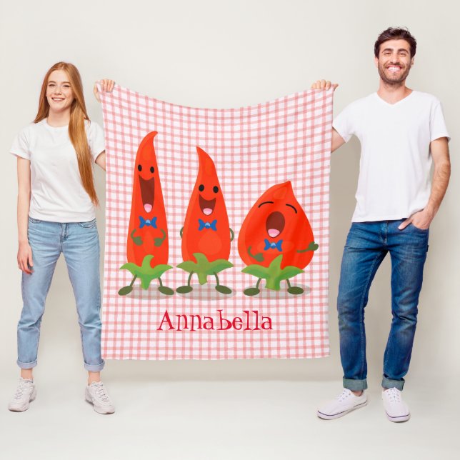 Cute singing chilli peppers cartoon illustration fleece blanket (In Situ)