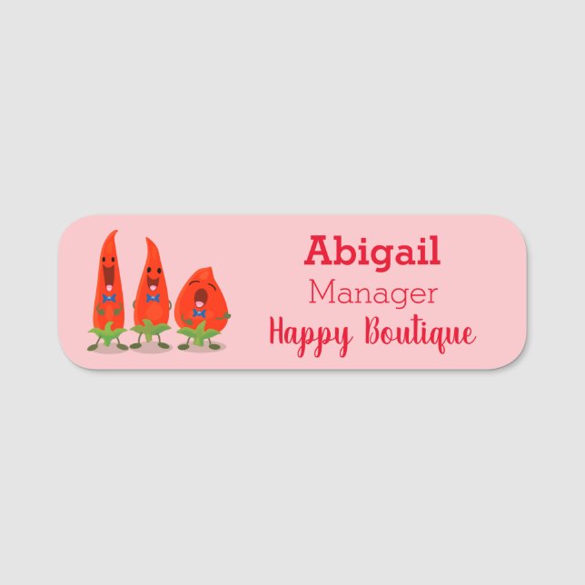 Cute singing chilli peppers cartoon illustration name tag (Front)