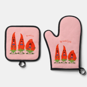 Cute singing chilli peppers cartoon illustration oven mitt & pot holder set