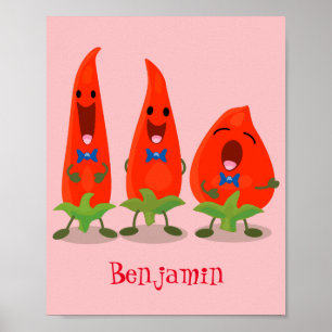 Cute singing chilli peppers cartoon illustration poster