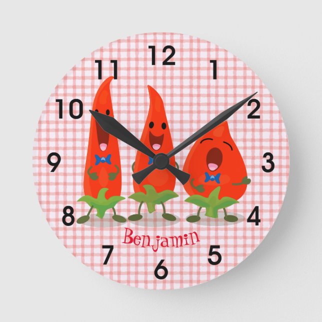 Cute singing chilli peppers cartoon illustration round clock (Front)