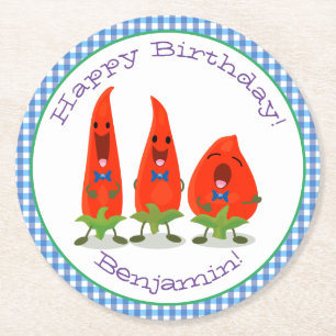 Cute singing chilli peppers cartoon illustration round paper coaster