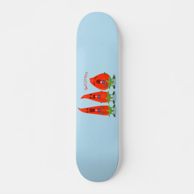 Cute singing chilli peppers cartoon illustration skateboard (Front)