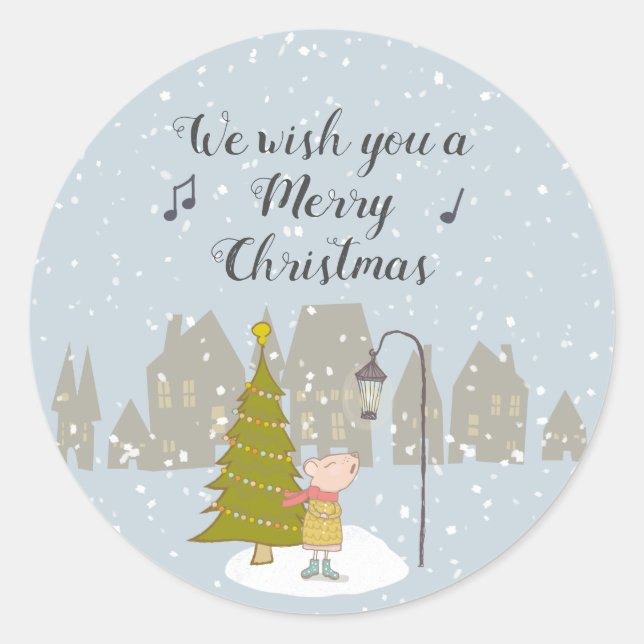Cute Singing Christmas Mouse Classic Round Sticker (Front)