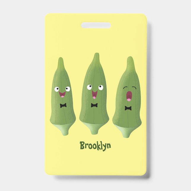 Cute singing okra vegetable cartoon badge (Front)
