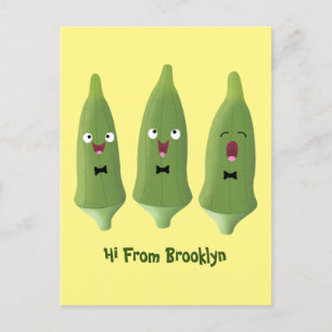 Cute singing okra vegetable cartoon postcard