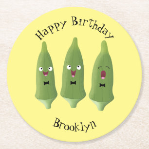 Cute singing okra vegetable cartoon round paper coaster
