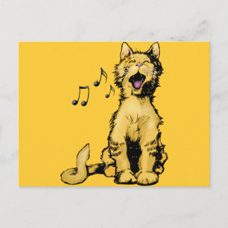 Cute singing orange cat drawing with musical notes postcard