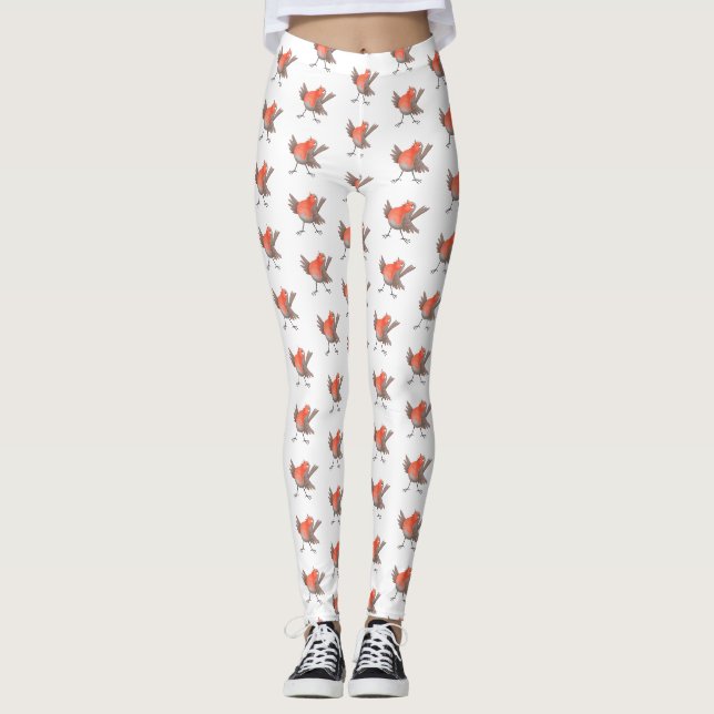 Cute singing robin bird cartoon leggings (Front)