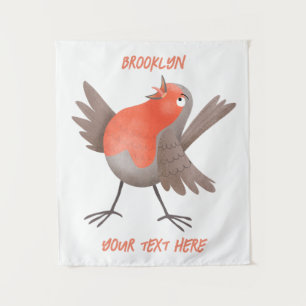 Cute singing robin bird cartoon tapestry