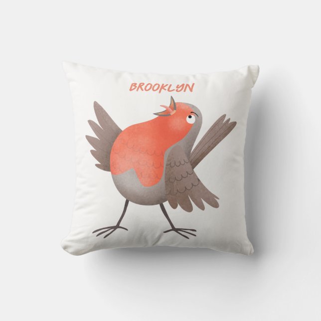 Cute singing robin bird cartoon throw pillow (Front)