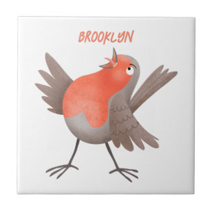 Cute singing robin bird cartoon tile
