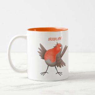 Cute singing robin bird cartoon Two-Tone coffee mug