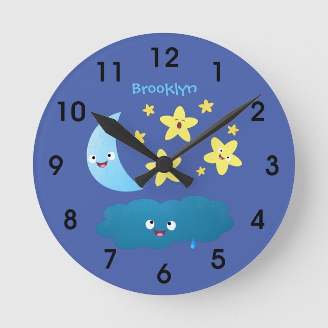 Cute singing stars, moon and cloud cartoon round c clock (Front)