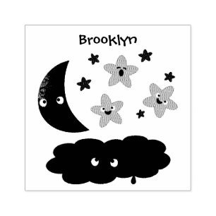 Cute singing stars, moon and cloud cartoon rubber stamp