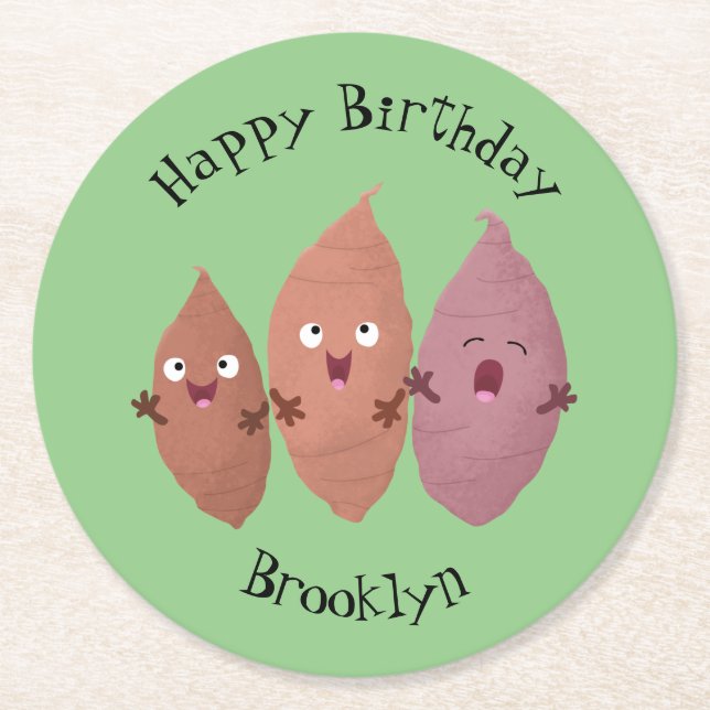 Cute singing sweet potatoes cartoon vegetables round paper coaster (Front)