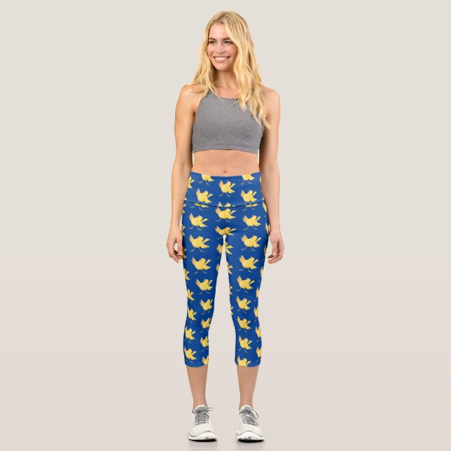Cute singing yellow canary bird cartoon capri leggings (Front)