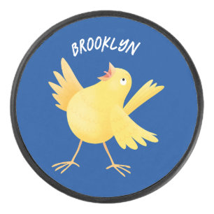 Cute singing yellow canary bird cartoon hockey puck