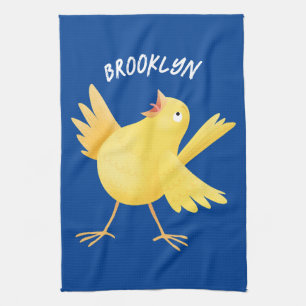 Cute singing yellow canary bird cartoon kitchen towel