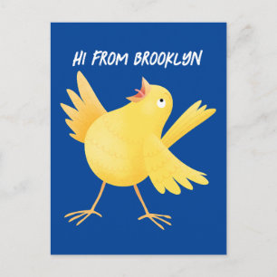 Cute singing yellow canary bird cartoon postcard