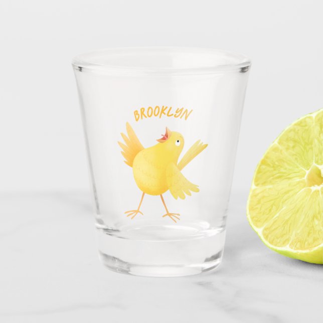 Cute singing yellow canary bird cartoon shot glass (Front)