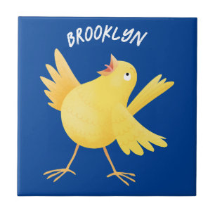 Cute singing yellow canary bird cartoon tile