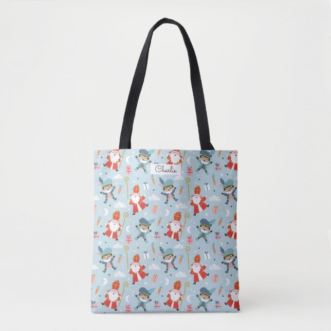 Cute Sinterklaas and Piet Pattern on Blue Tote Bag (Front)