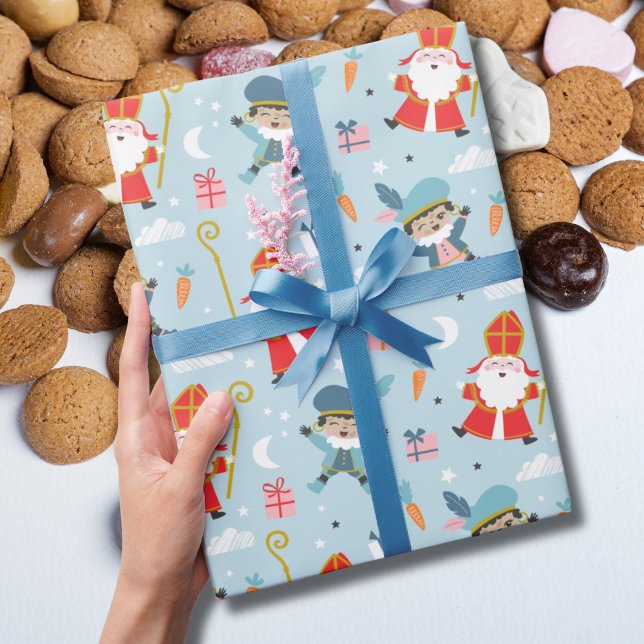 Cute Sinterklaas and Piet Pattern on light blue  Wrapping Paper (Creator Uploaded)