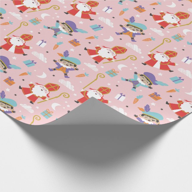 Cute Sinterklaas and Piet Pattern on Pink Wrapping Paper (Corner)