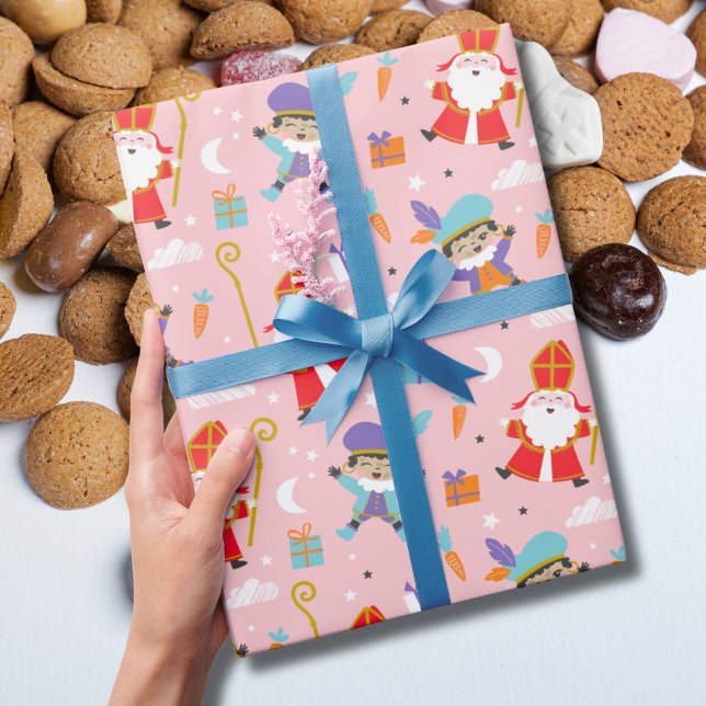 Cute Sinterklaas and Piet Pattern on Pink Wrapping Paper (Creator Uploaded)