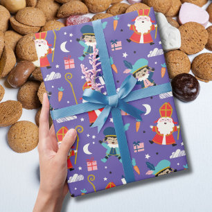 Cute Sinterklaas and Piet Pattern on Purple Wrapping Paper