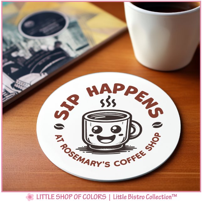 Cute Sip Happens Coffee Theme Round Paper Coaster (Creator Uploaded)